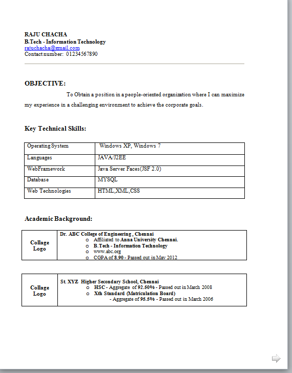 Download resume format for b com freshers